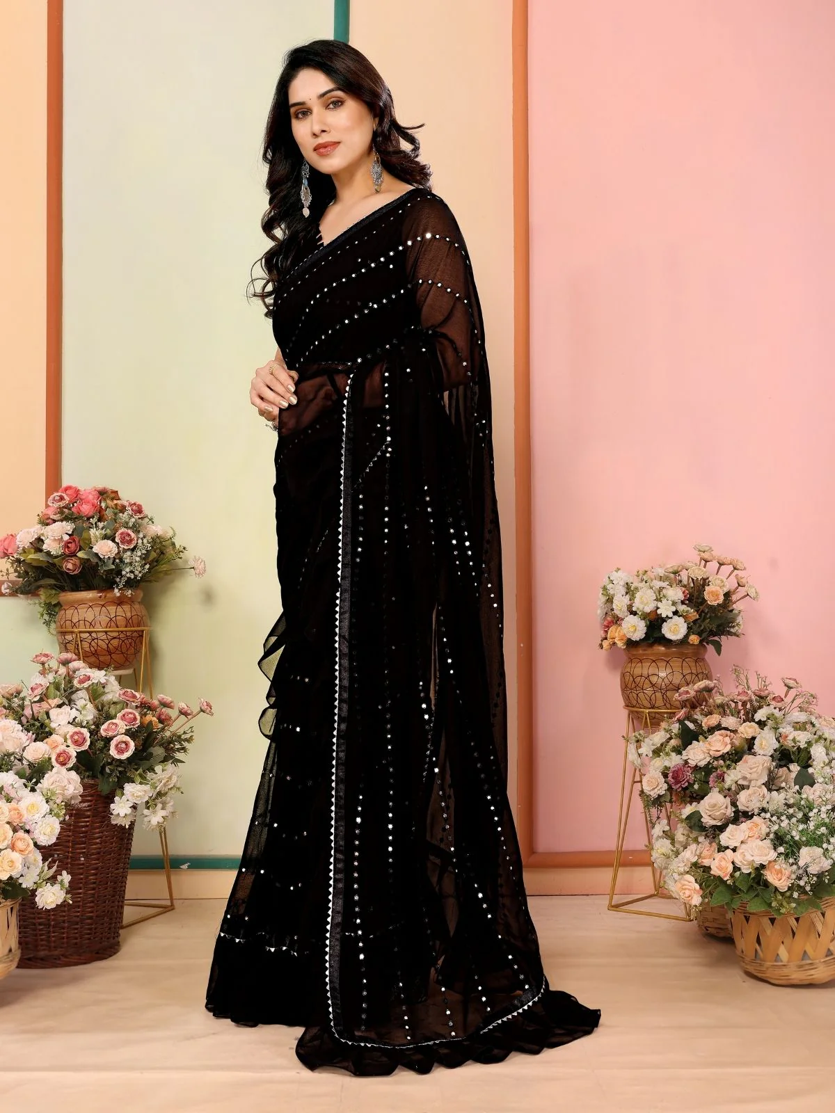 Odette Black Georgette Embellished Saree For Women - Image 2