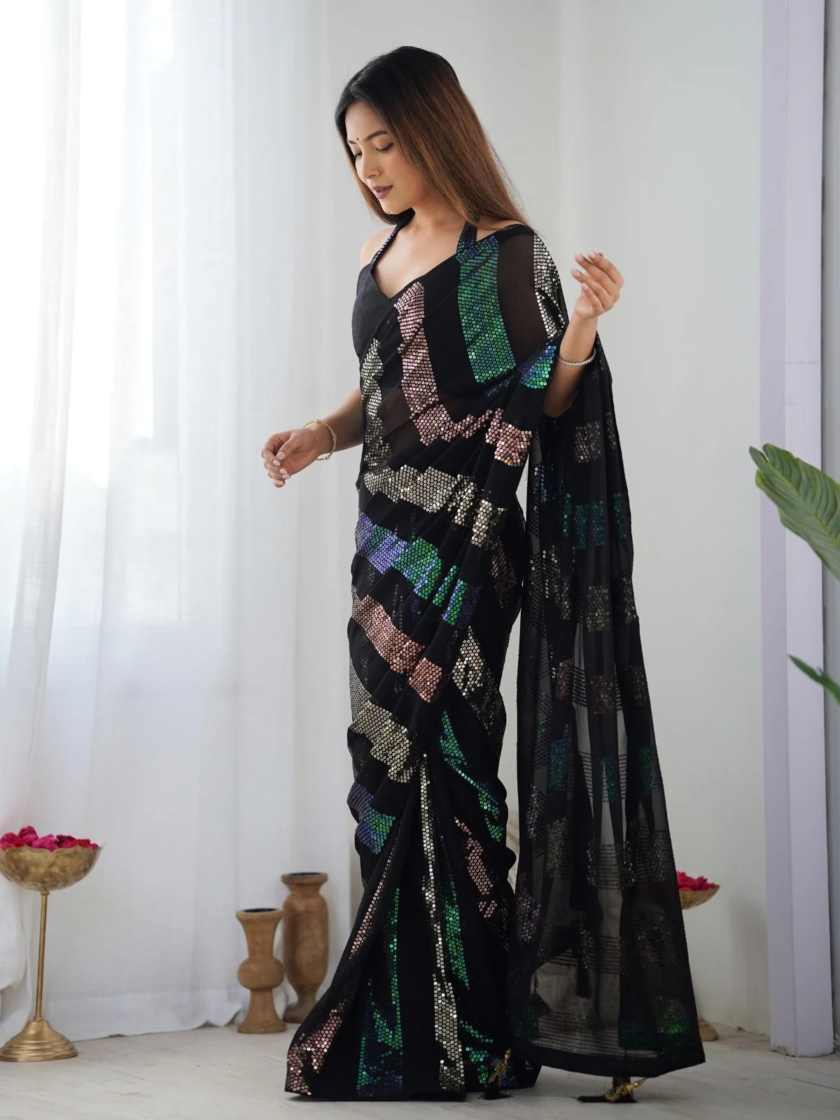 Odette Black Georgette Embellished Saree With Unstitched Blouse For Women - Image 2