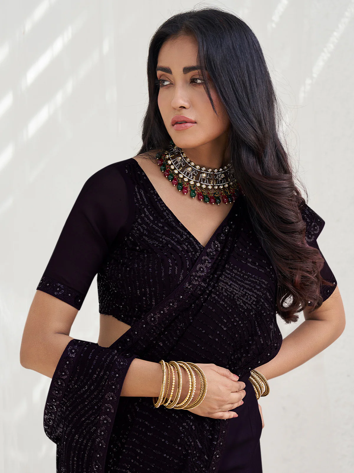 Odette Black Georgette Embellished  Saree with Unstitched Blouse For Women - Image 2