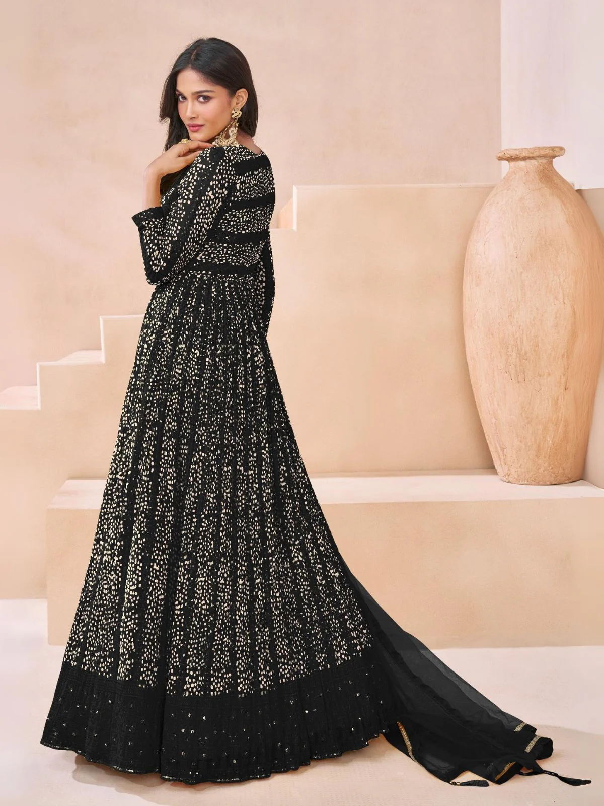 Odette Black Georgette Embellished Semi Stitched Kurta Set For Women - Image 2
