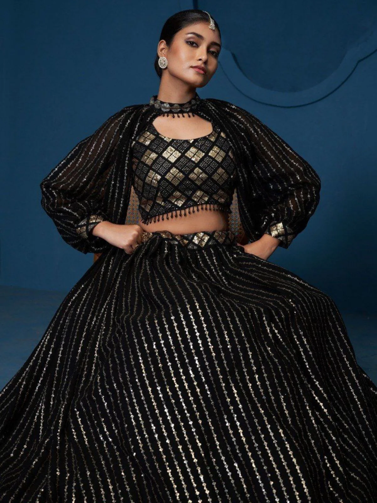 Odette Black Georgette Embellished Semi Stitched Lehenga For Women - Image 3