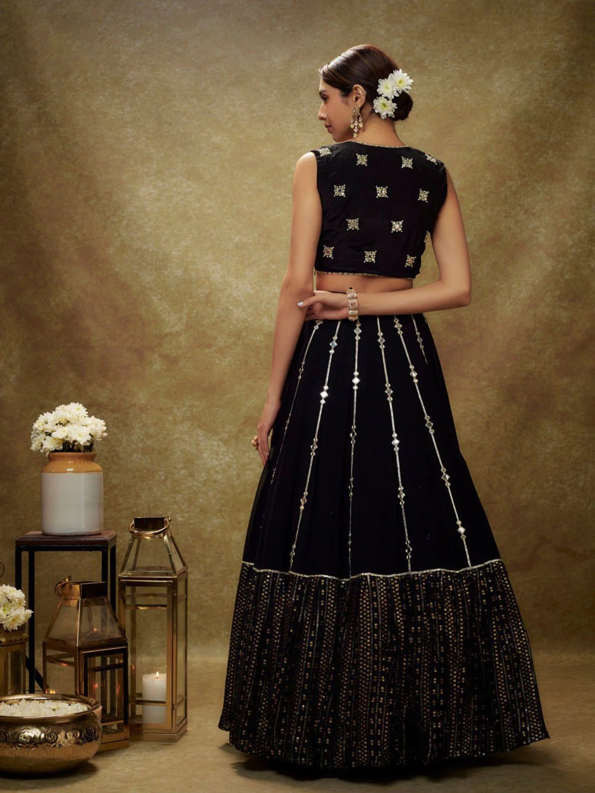 Odette Black Georgette Embellished Semi-Stitched Lehenga For Women - Image 2