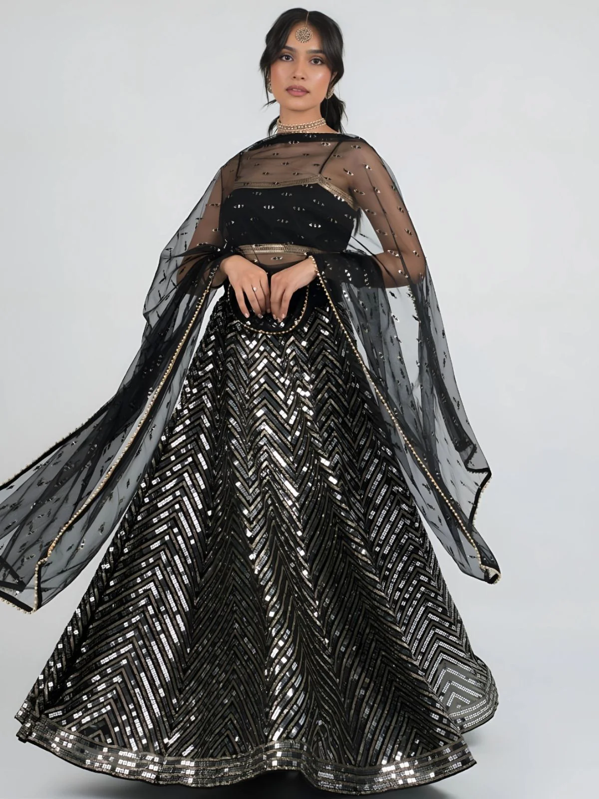 Odette Black Georgette Embellished Semi-Stitched Lehenga For Women