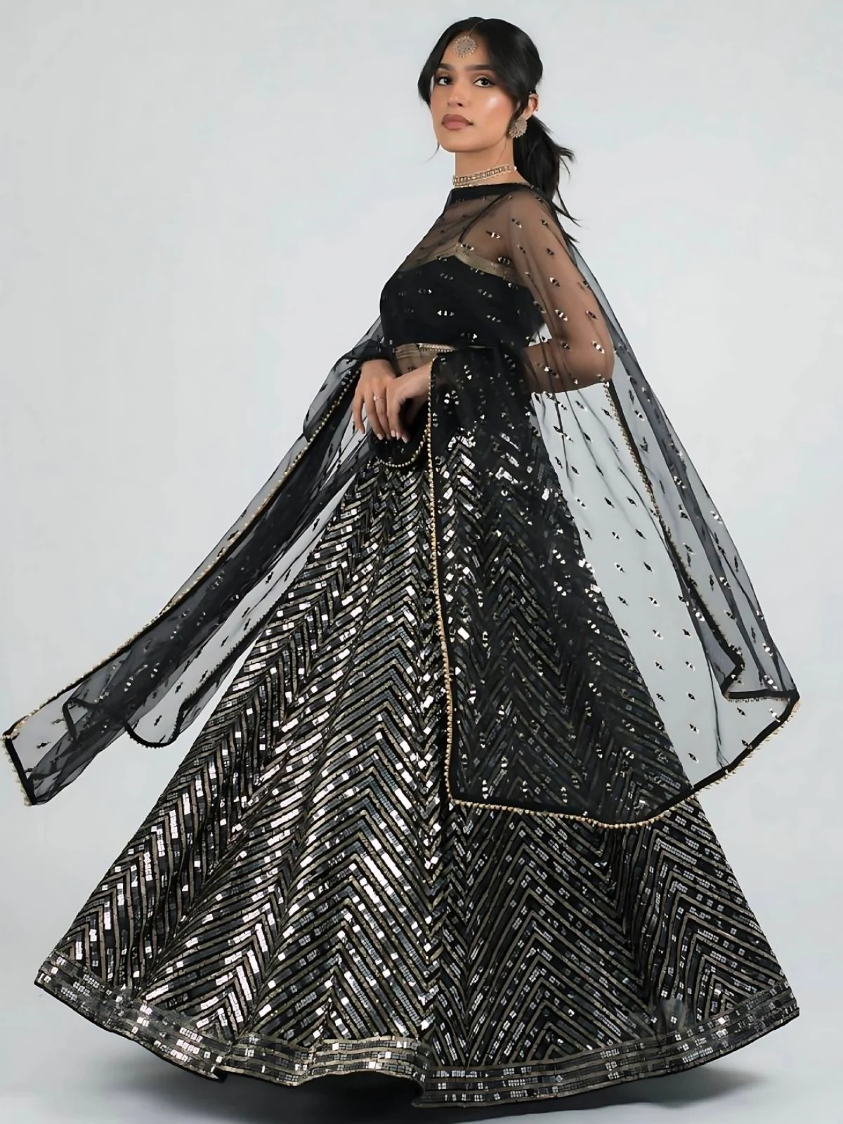 Odette Black Georgette Embellished Semi-Stitched Lehenga For Women - Image 2