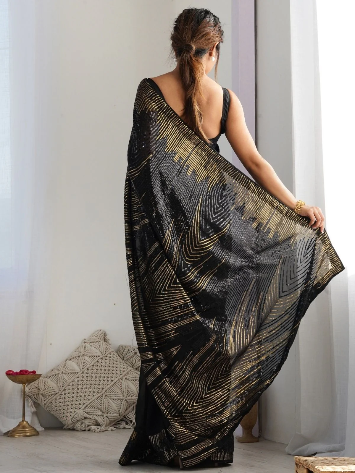 Odette Black Georgette Embellished Solid Saree For Women - Image 2
