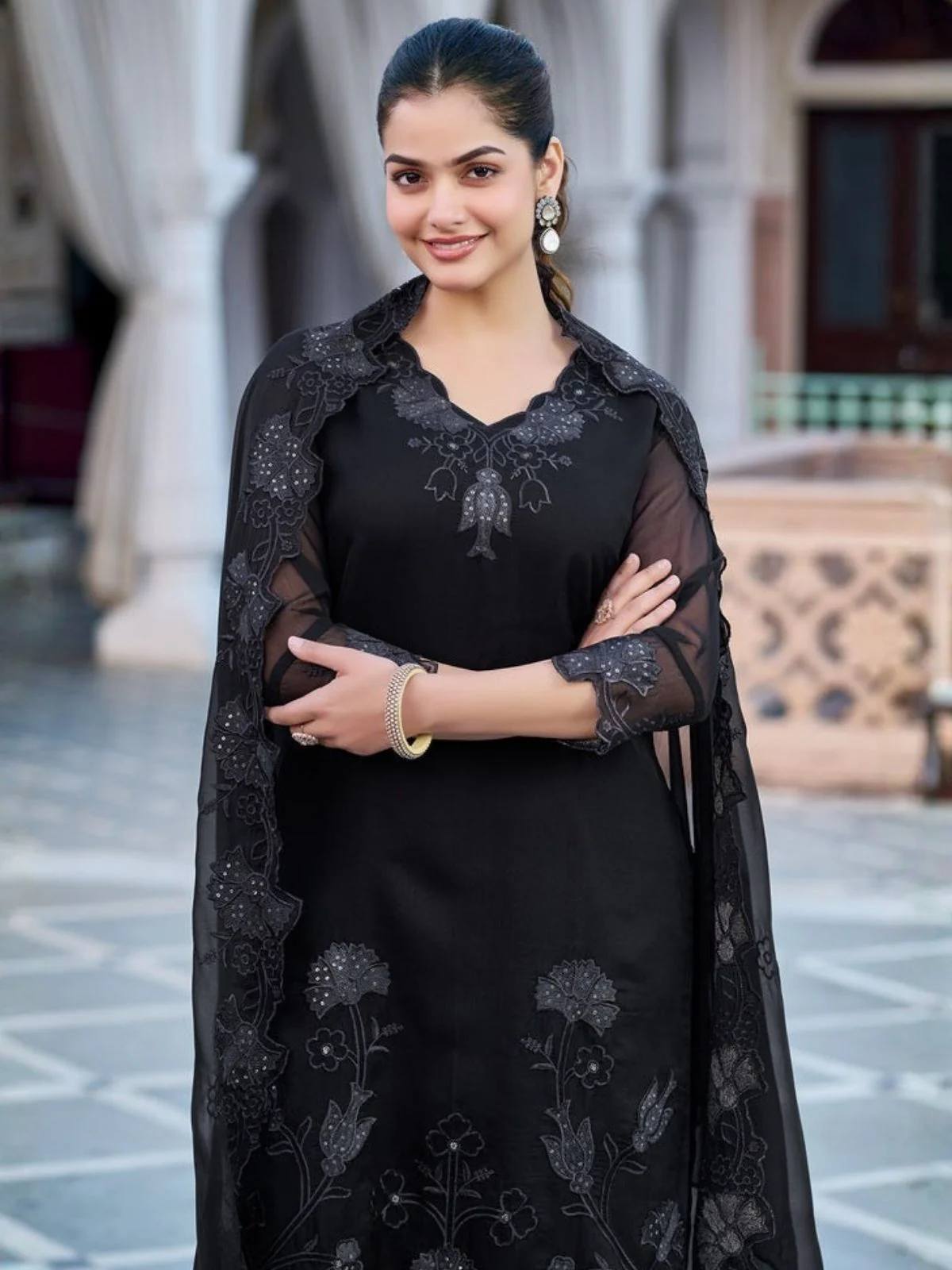 Odette Black Georgette Embriodered Stitched Kurta Set For Women - Image 3