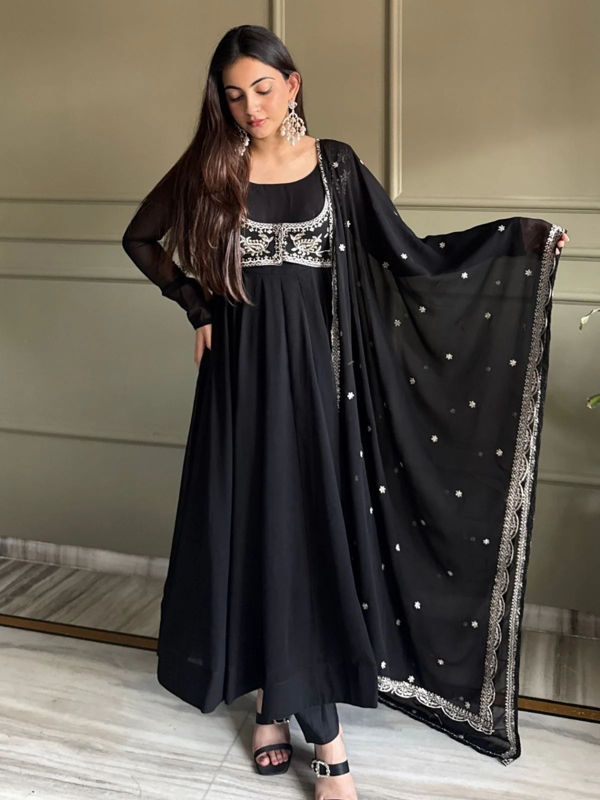 Odette Black GEORGETTE Embroidered Anarkali For Women