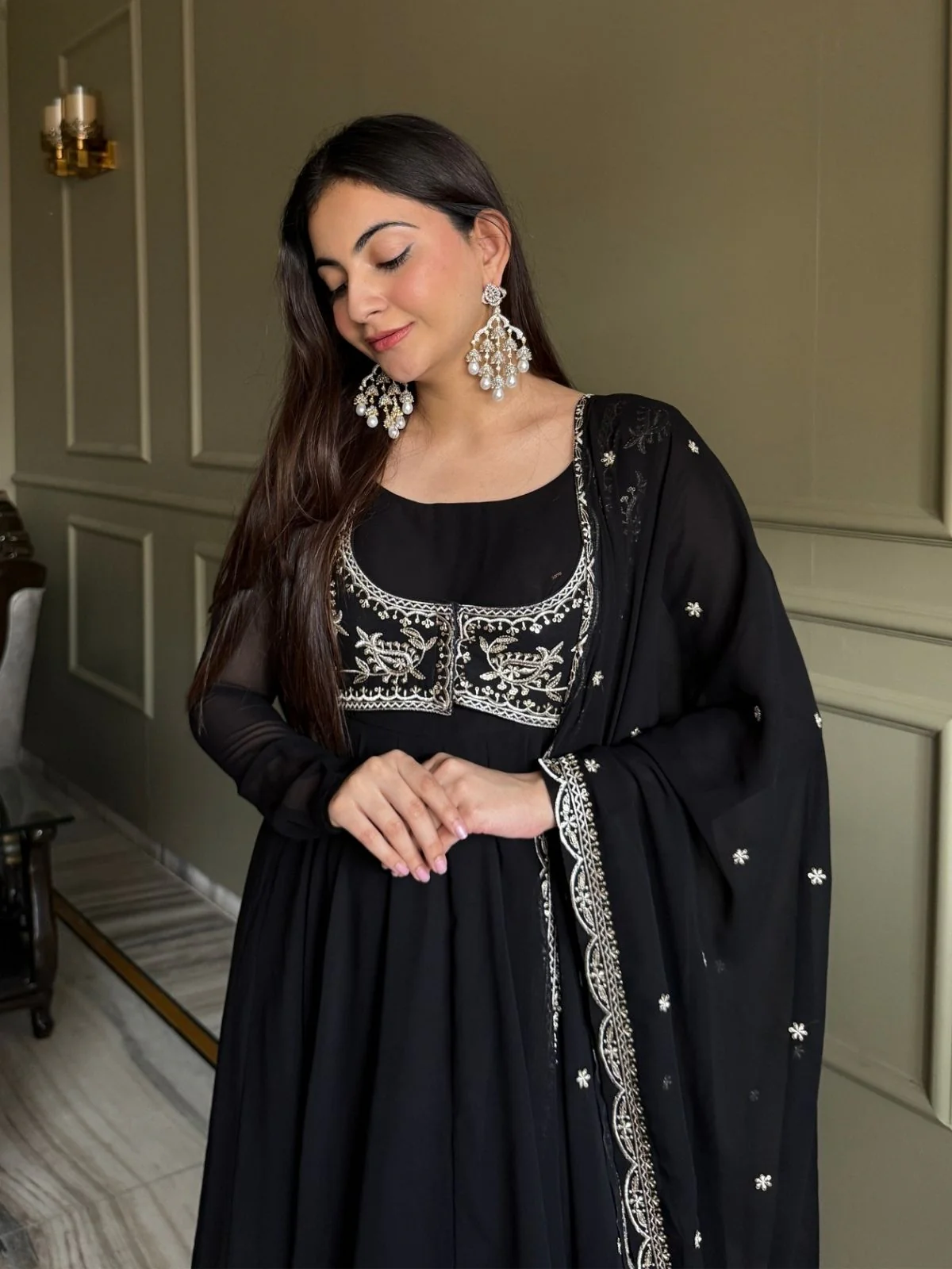 Odette Black GEORGETTE Embroidered Anarkali For Women - Image 4