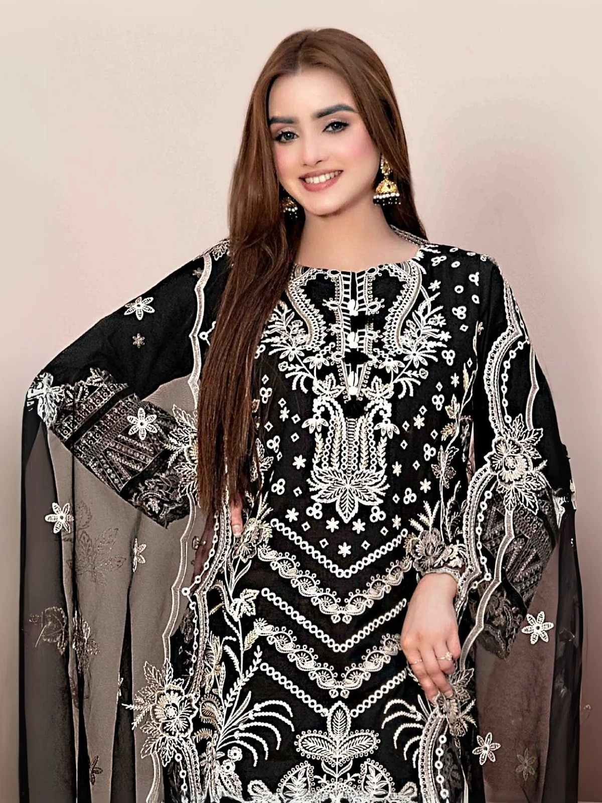 Odette Black Georgette Embroidered & Cutwork Semi-Sitched Kurta Set For Women - Image 2