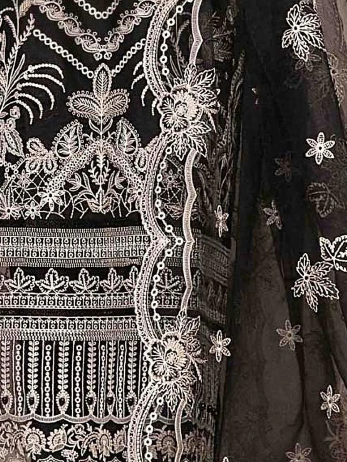 Odette Black Georgette Embroidered & Cutwork Semi-Sitched Kurta Set For Women - Image 3