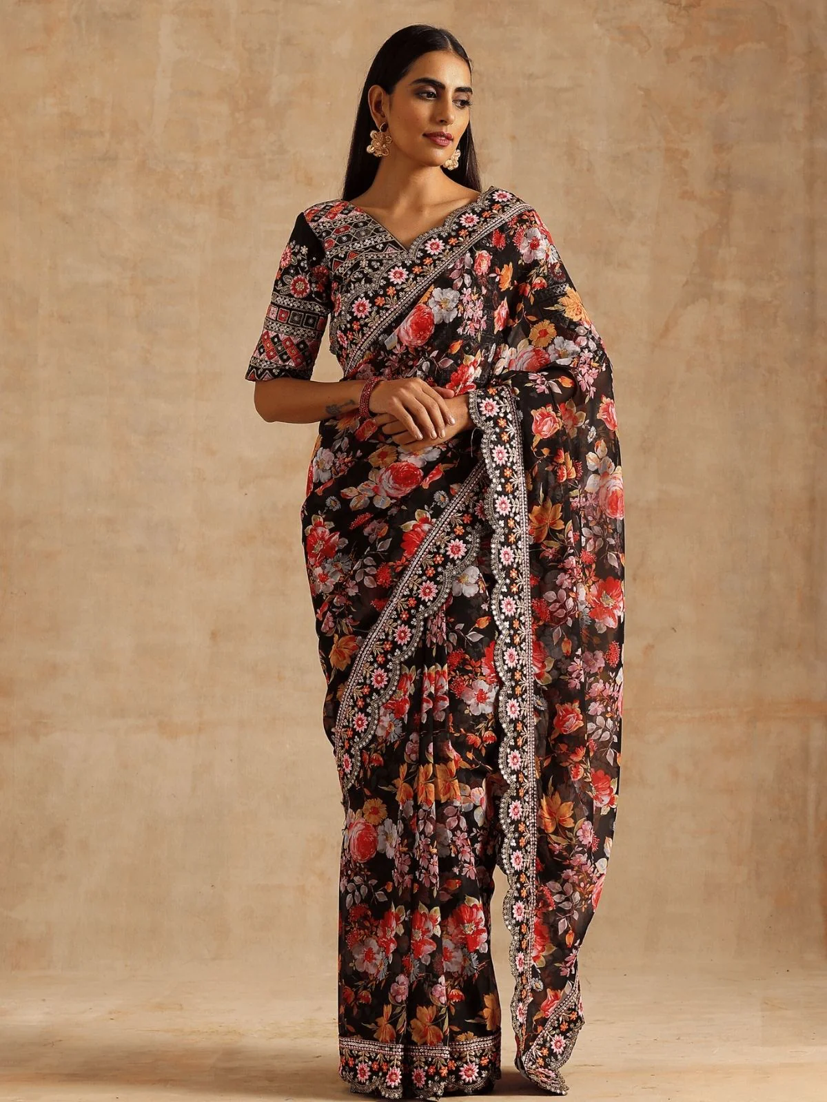 Odette Black Georgette Embroidered Printed Saree For Women