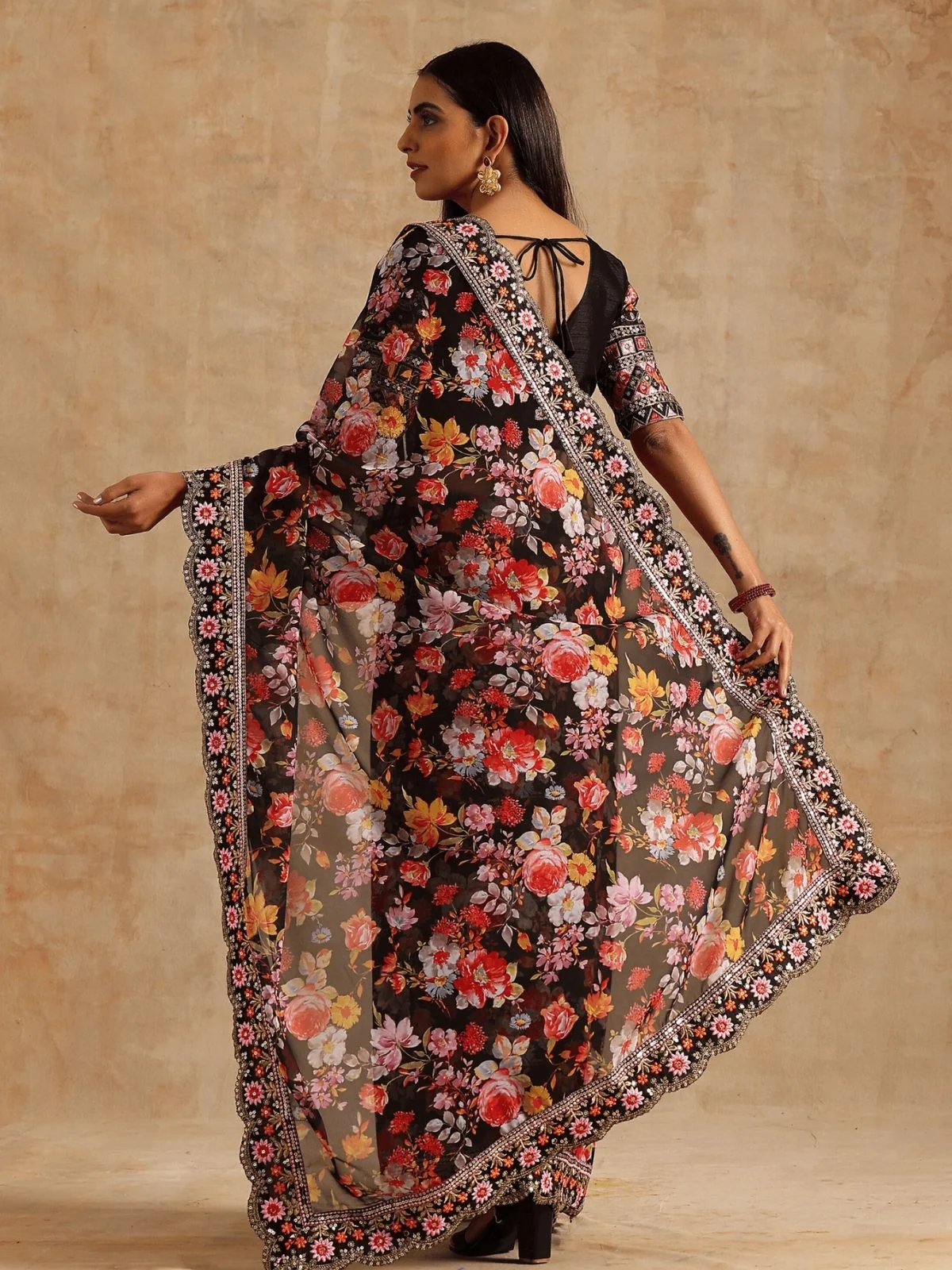 Odette Black Georgette Embroidered Printed Saree For Women - Image 2