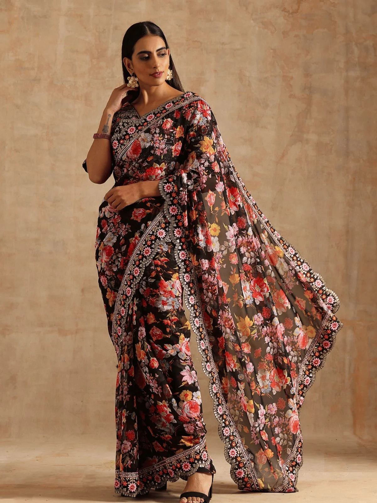 Odette Black Georgette Embroidered Printed Saree For Women - Image 3