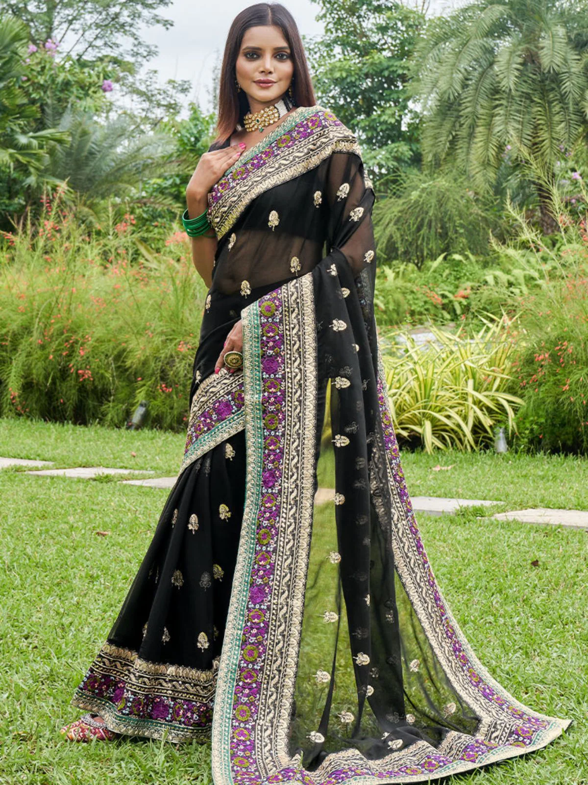 Odette Black Georgette Embroidered Saree with Unstitched Blouse for Women - Image 2