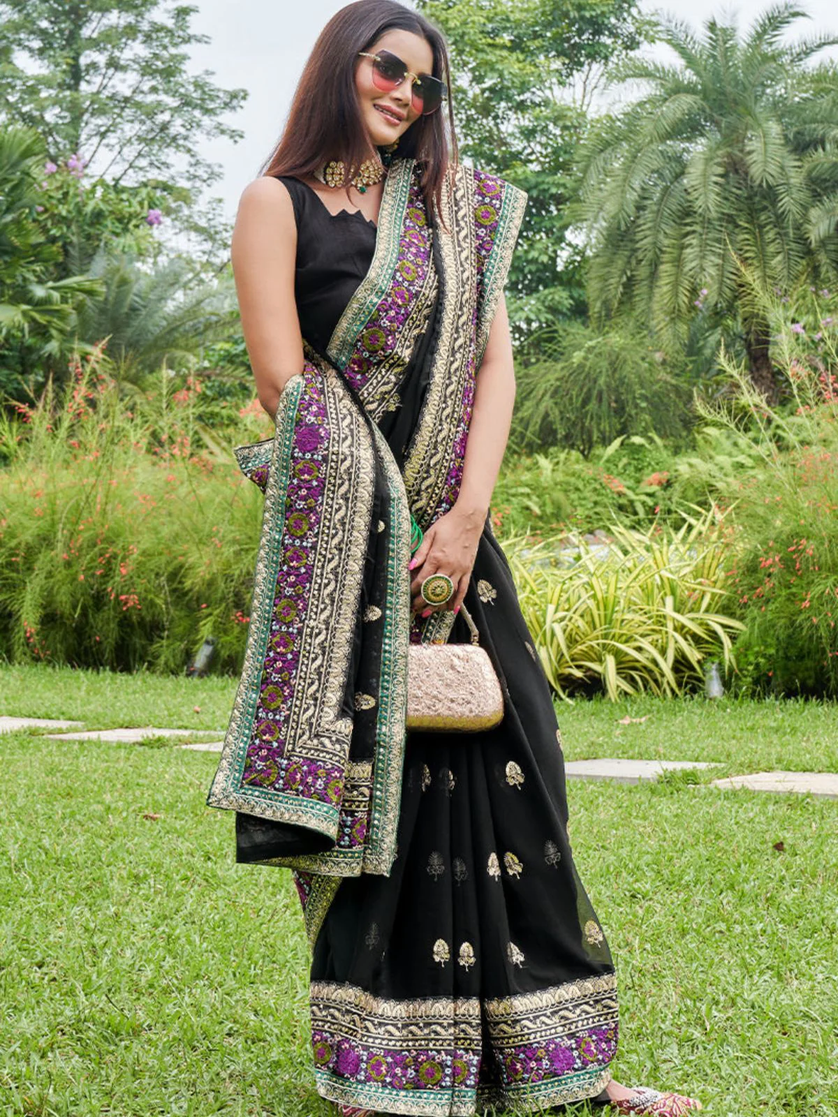 Odette Black Georgette Embroidered Saree with Unstitched Blouse for Women - Image 3