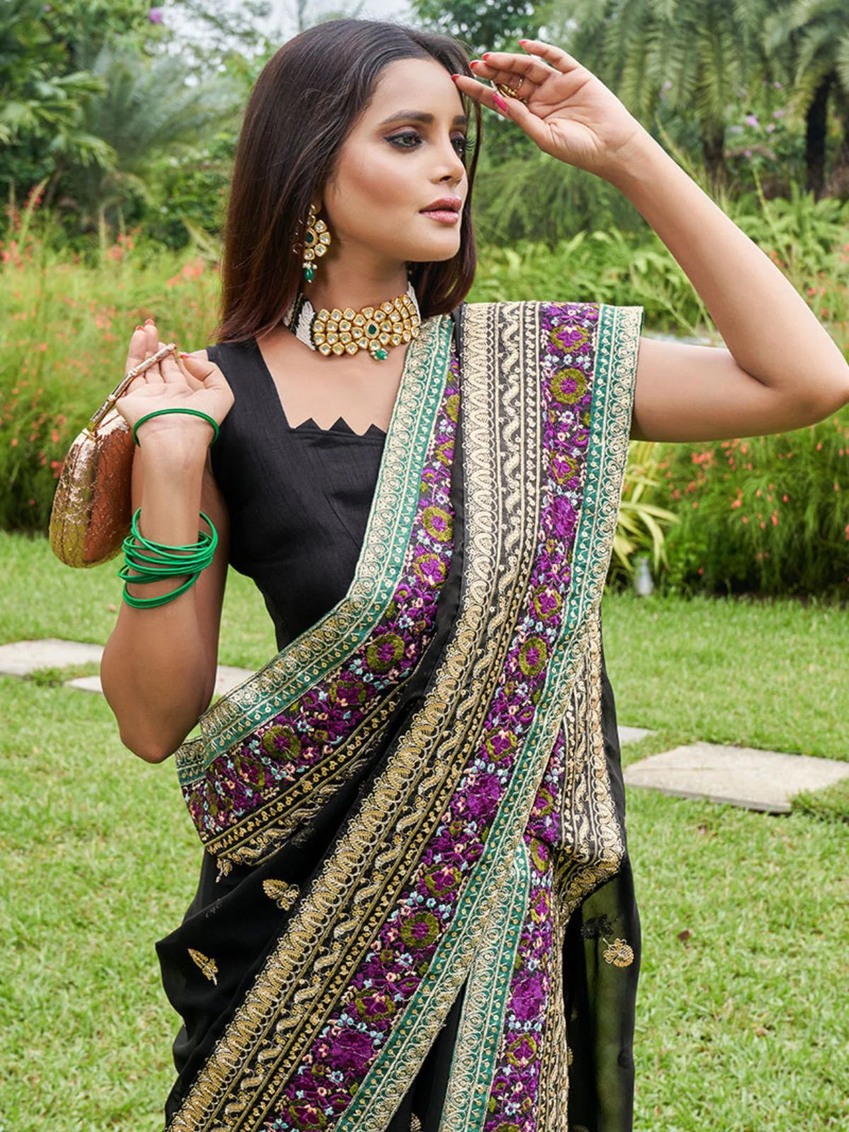 Odette Black Georgette Embroidered Saree with Unstitched Blouse for Women - Image 5
