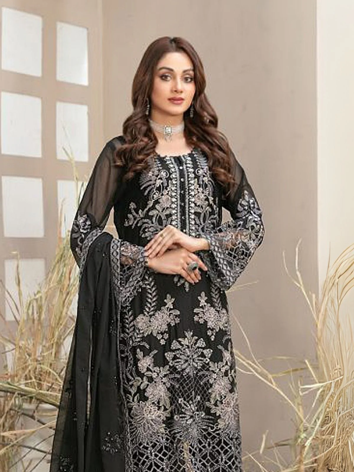 Odette Black Georgette Embroidered Semi-Sitched Kurta Set For Women - Image 2