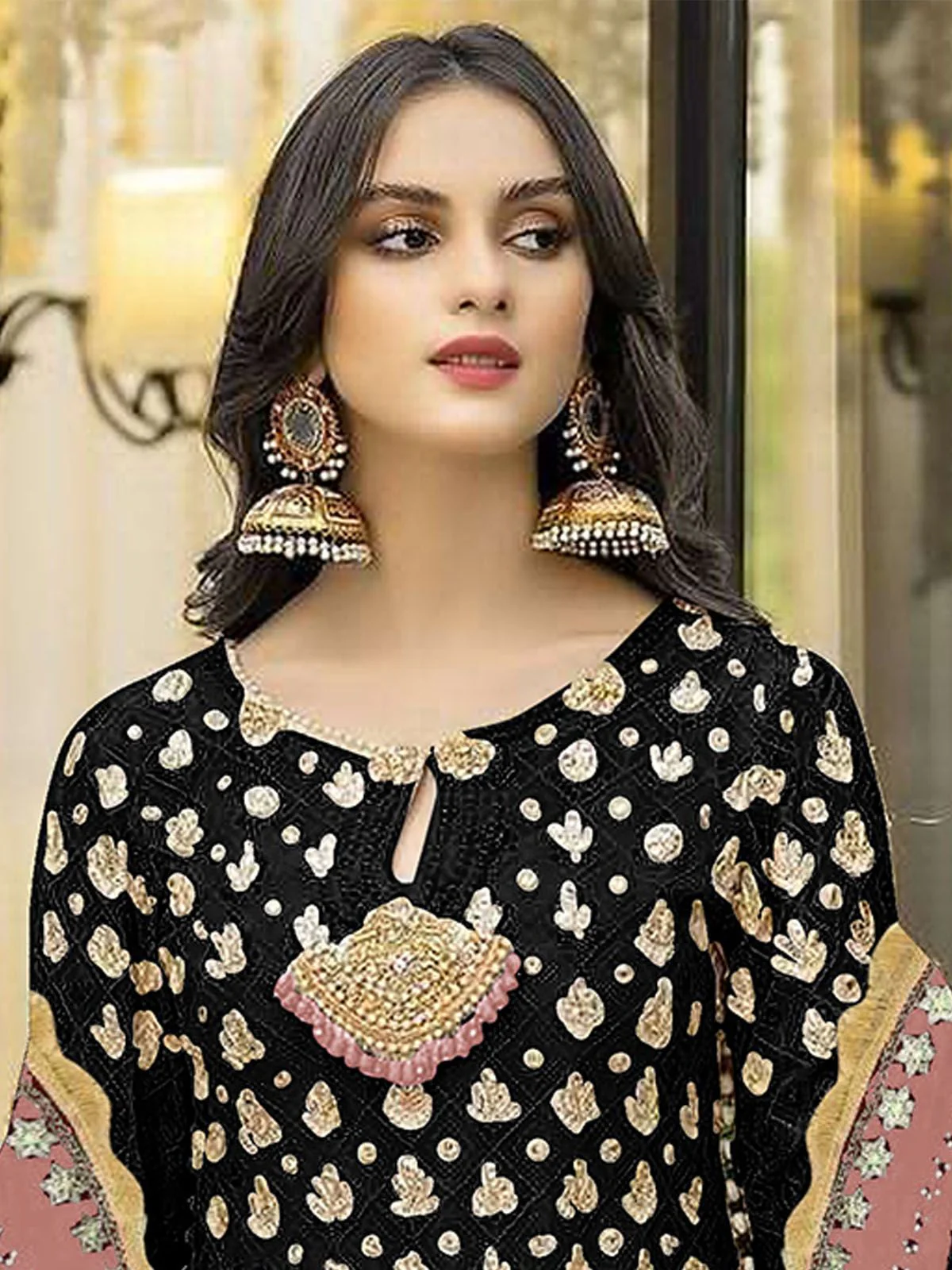 Odette Black Georgette Embroidered Semi Stitched Kurta Set For Women - Image 2