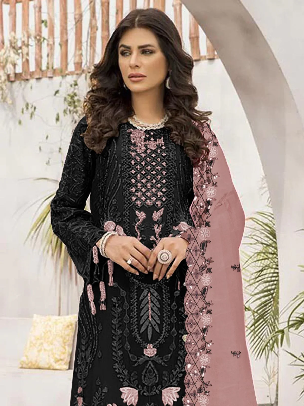 Odette Black Georgette Embroidered Semi-Stitched Kurta Set For Women - Image 2