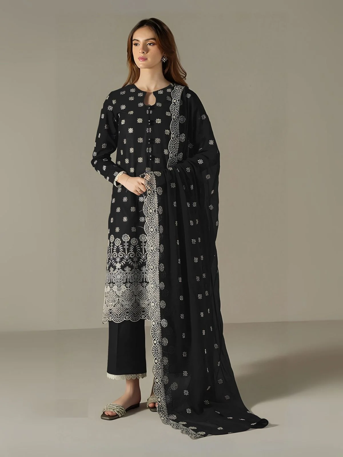 Odette Black Georgette Embroidered Semi Stitched Kurta Set For Women
