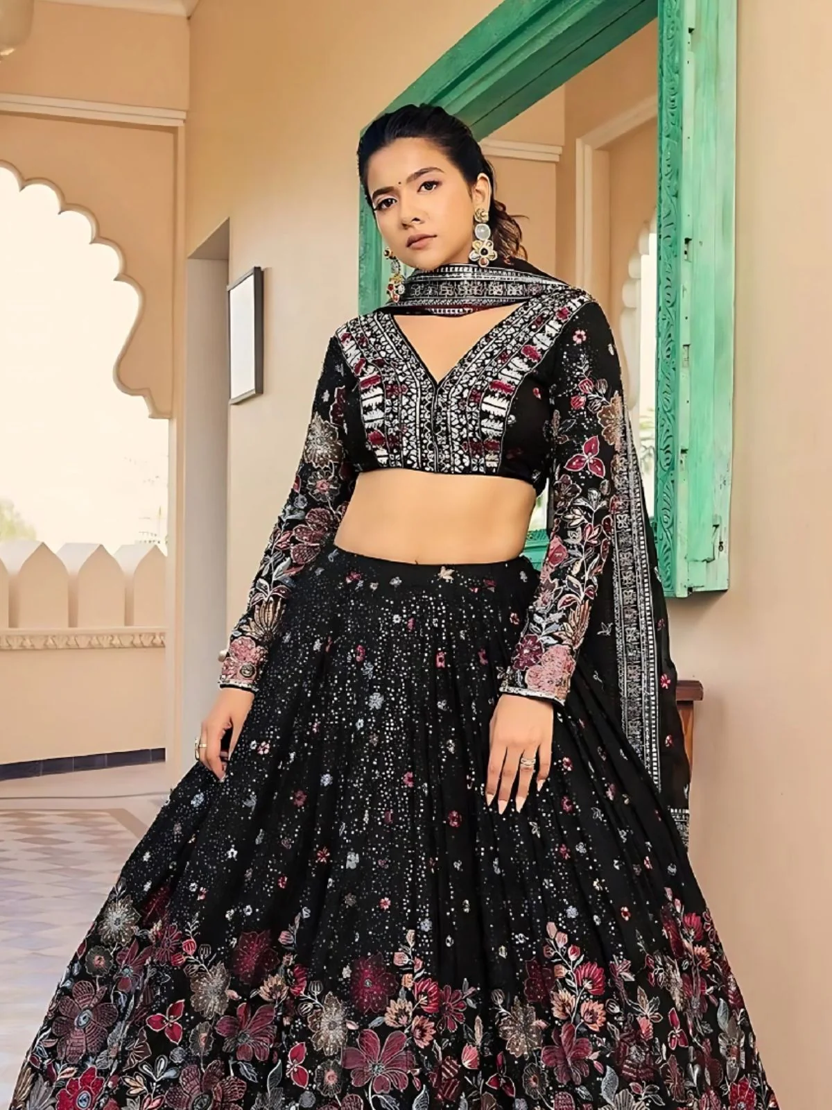 Odette Black Georgette Embroidered Semi-Stitched Lehenga For Women - Image 3