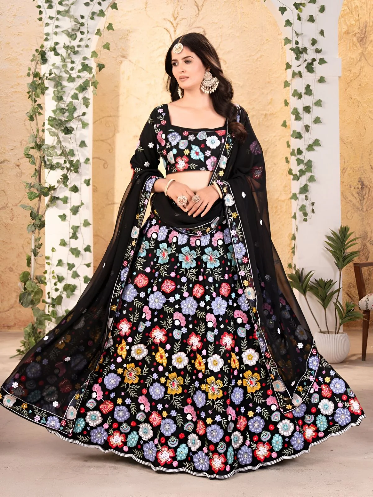 Odette Black Georgette Embroidered Semi-Stitched lehenga For Women - Image 2