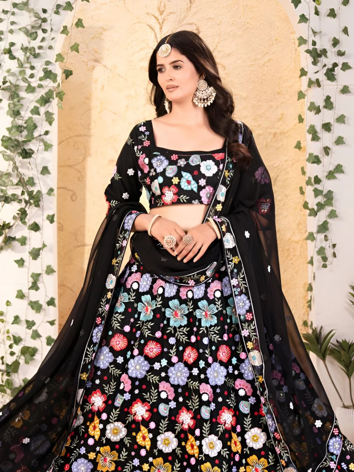 Odette Black Georgette Embroidered Semi-Stitched lehenga For Women - Image 4