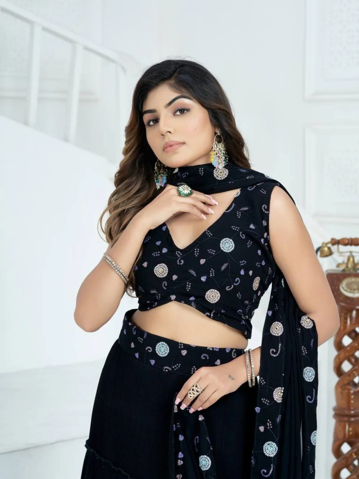 Odette Black Georgette Embroidered Semi-Stitched lehenga For Women - Image 5