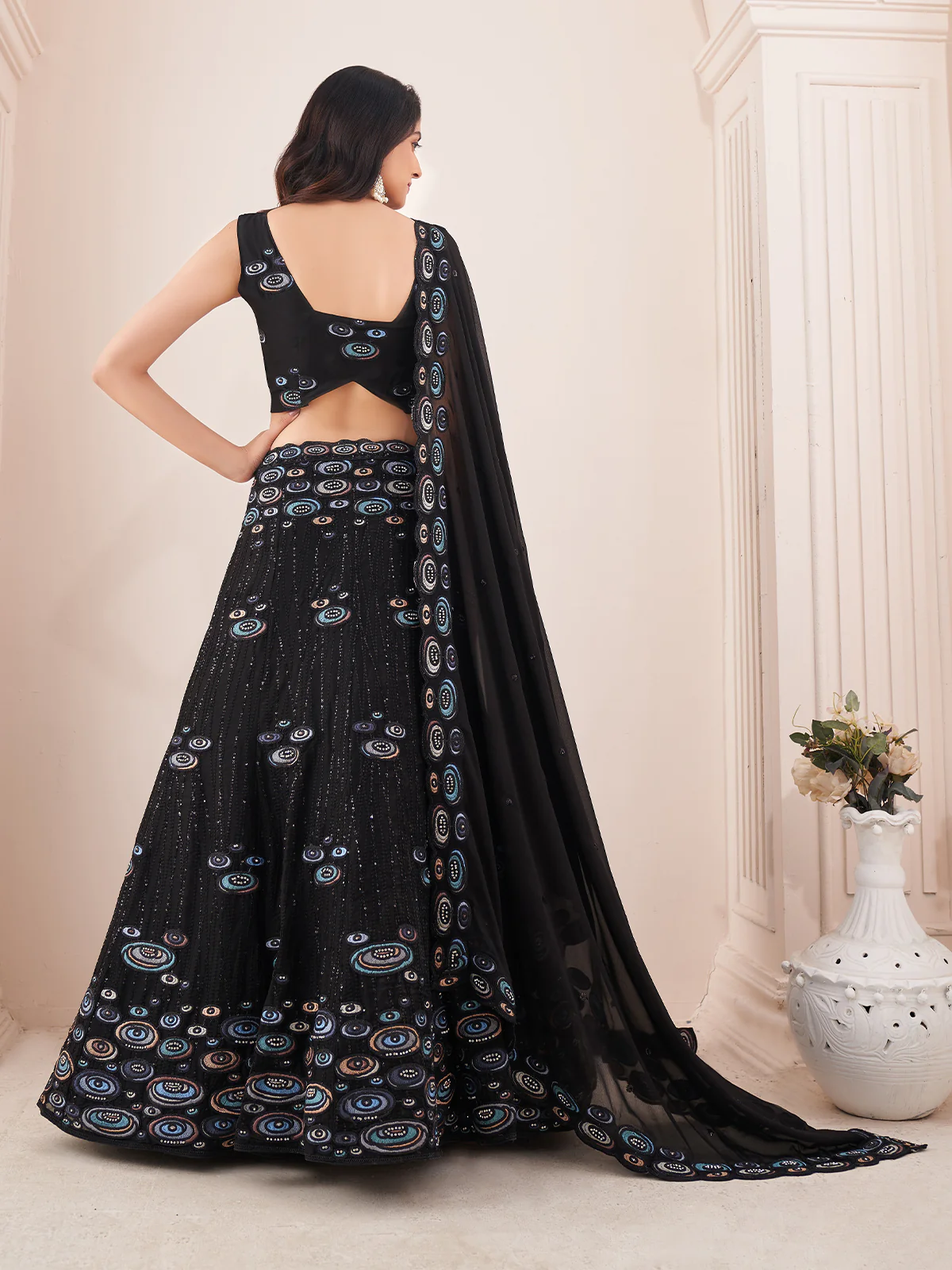 Odette Black Georgette Embroidered Semi Stitched Lehenga With Unstitched Blouse for Women - Image 3