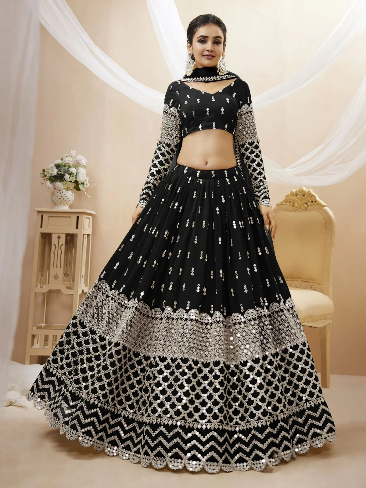 Odette Black Georgette Embroidered Semi Stitched Lehenga With Unstitched Blouse For Women - Image 2