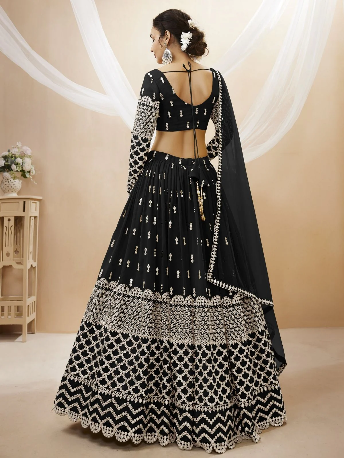Odette Black Georgette Embroidered Semi Stitched Lehenga With Unstitched Blouse For Women - Image 3