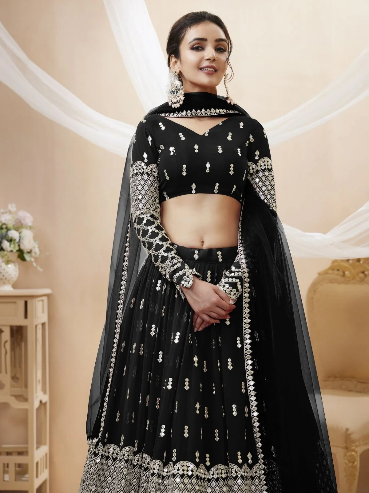 Odette Black Georgette Embroidered Semi Stitched Lehenga With Unstitched Blouse For Women - Image 4
