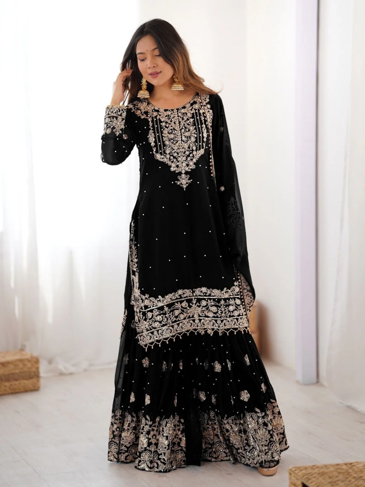 Odette Black Georgette Embroidered Stitched Kurta Set For Women - Image 2