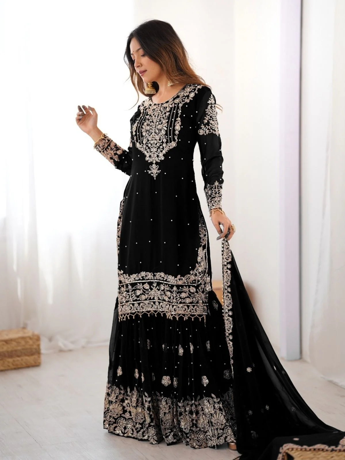 Odette Black Georgette Embroidered Stitched Kurta Set For Women - Image 4