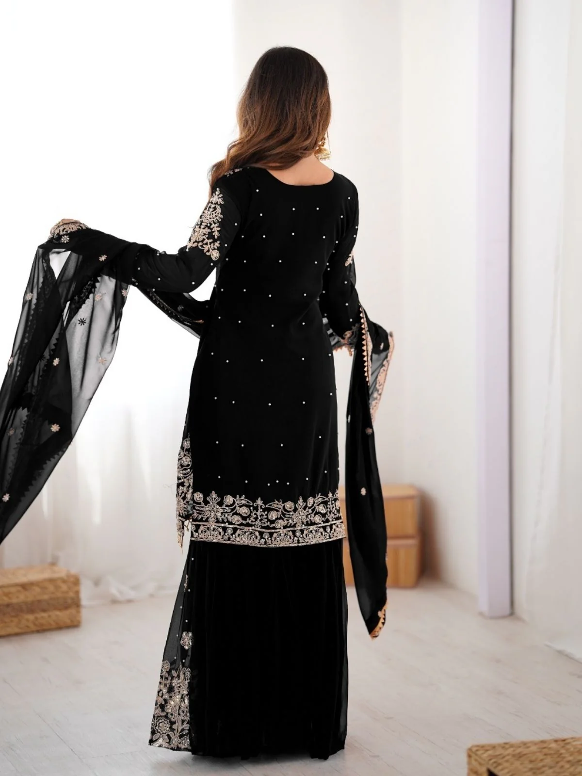 Odette Black Georgette Embroidered Stitched Kurta Set For Women - Image 5