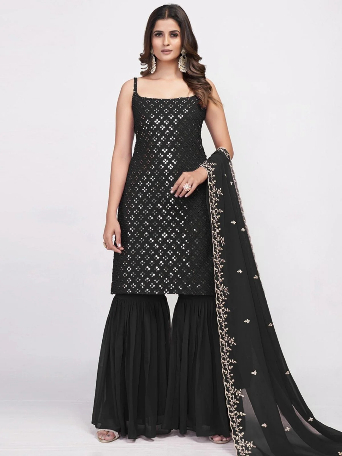 Odette Black Georgette Embroidered Stitched Kurta Set For Women - Image 2