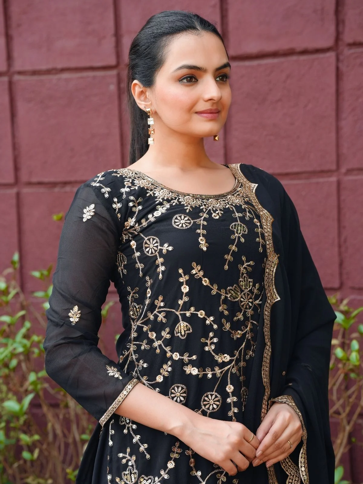 Odette Black Georgette Embroidered Stitched Kurta Set For Women - Image 3