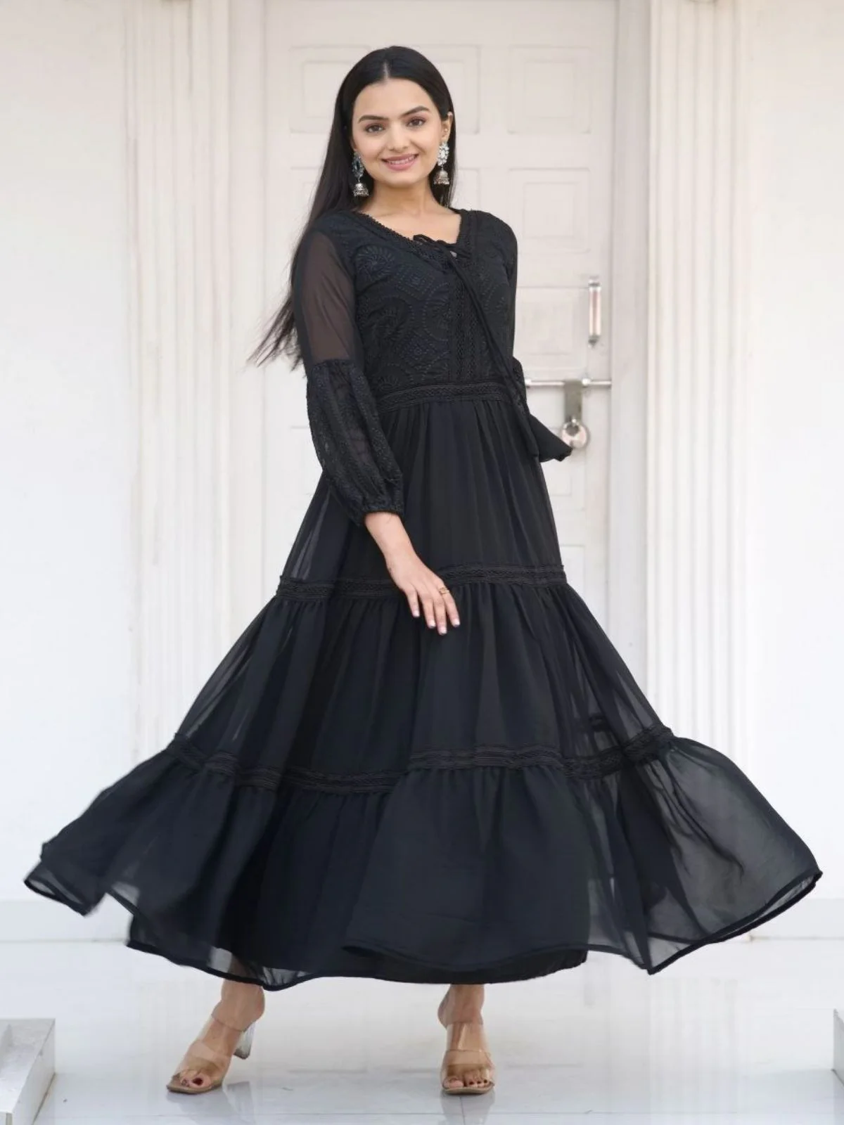 Odette Black Georgette Embroidered Stitched Kurta Set For Women - Image 2