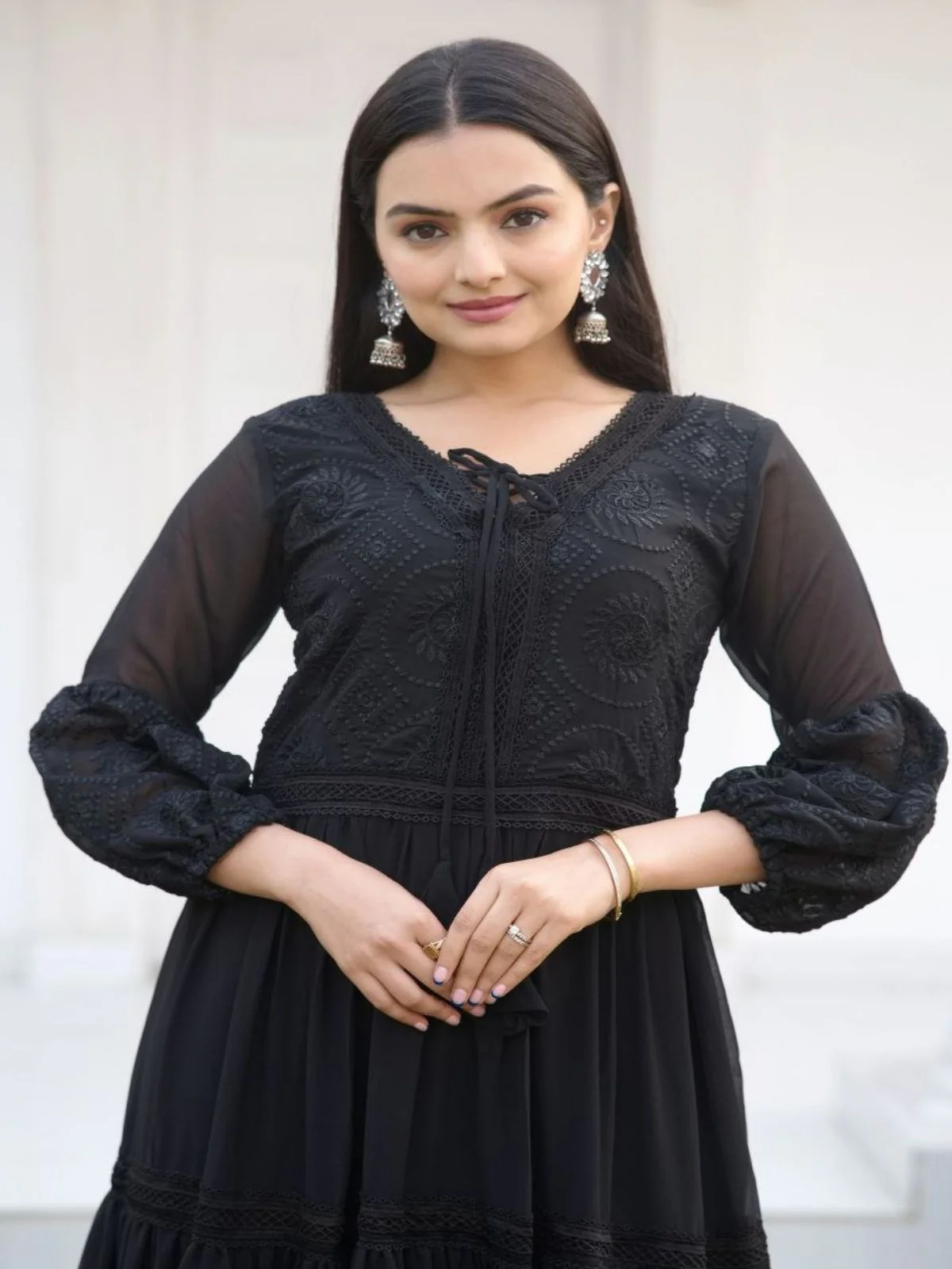 Odette Black Georgette Embroidered Stitched Kurta Set For Women - Image 3