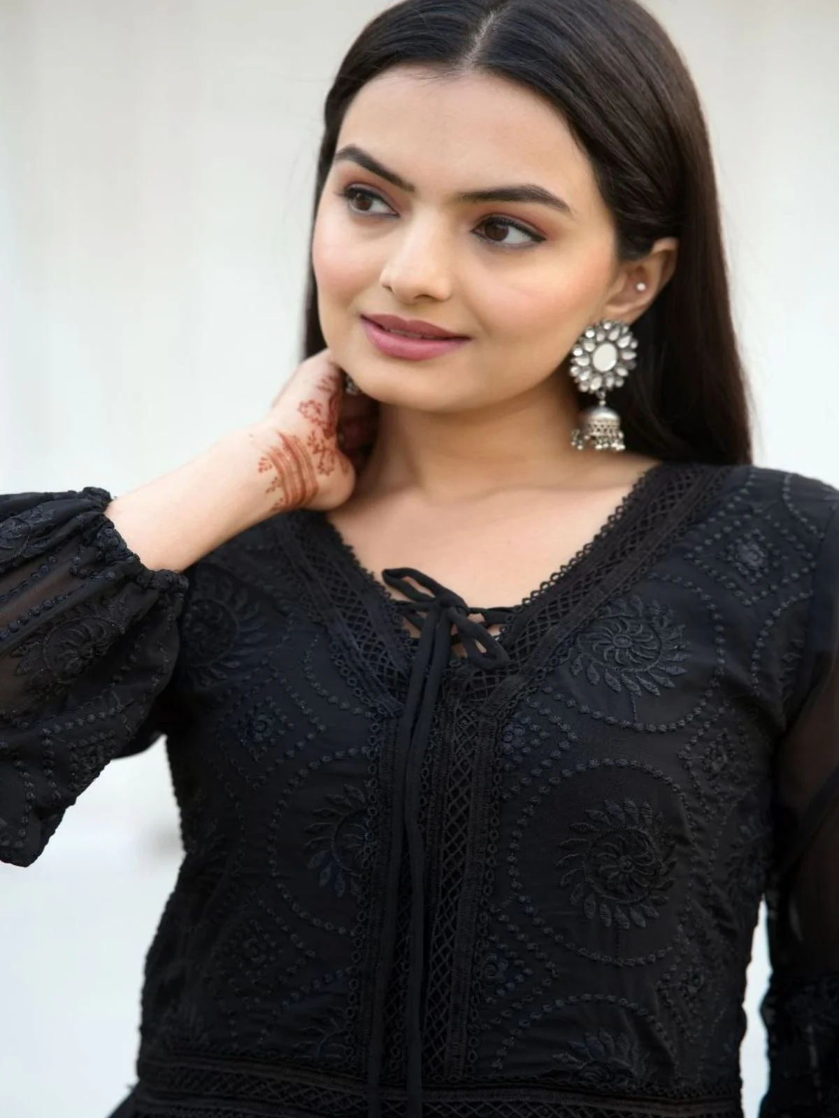 Odette Black Georgette Embroidered Stitched Kurta Set For Women - Image 4