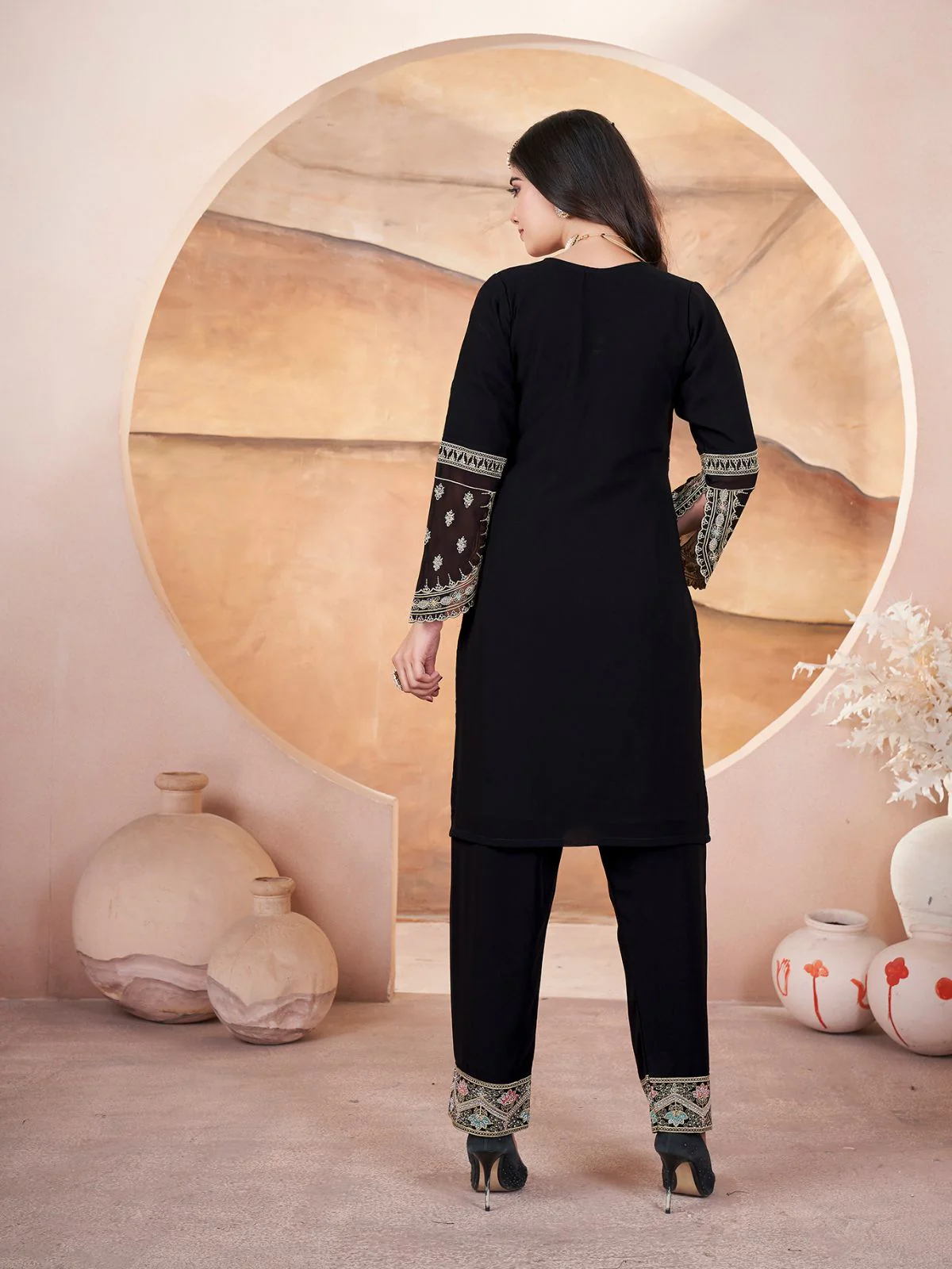 Odette Black Georgette Embroidered Stitched Kurta Set For Women - Image 3
