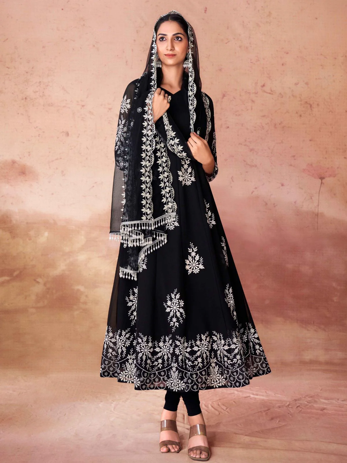 Odette Black Georgette Embroidered Stitched Gown For Women - Image 3