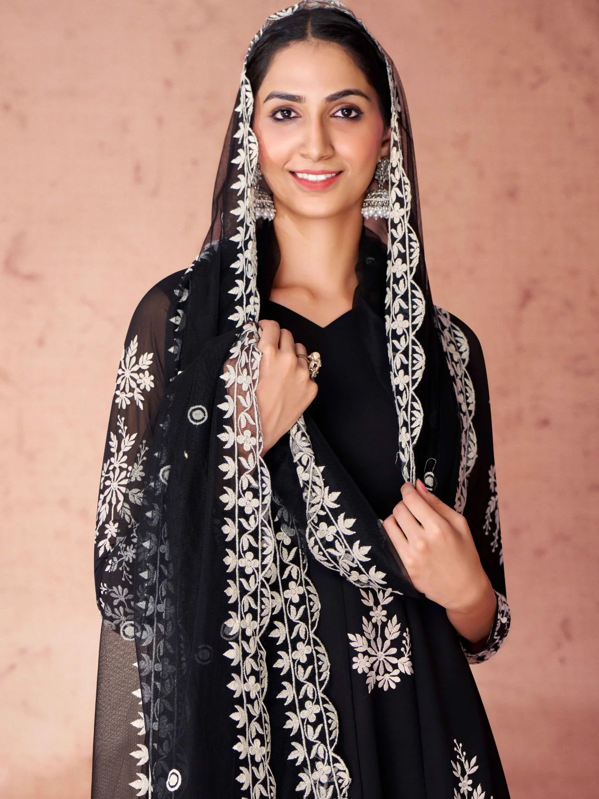 Odette Black Georgette Embroidered Stitched Gown For Women - Image 4