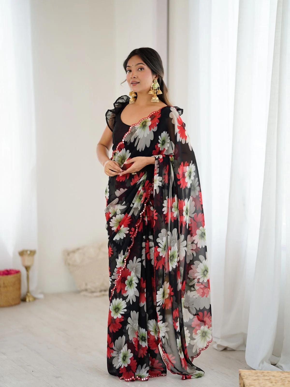 Odette Black Georgette Floral Print Saree For Women