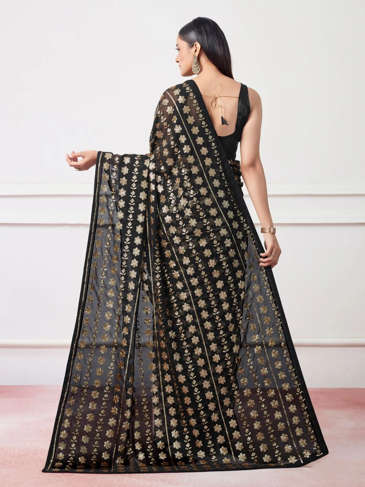 Odette Black Georgette Gold Sequins Saree With Unstitched Blouse For Women - Image 2