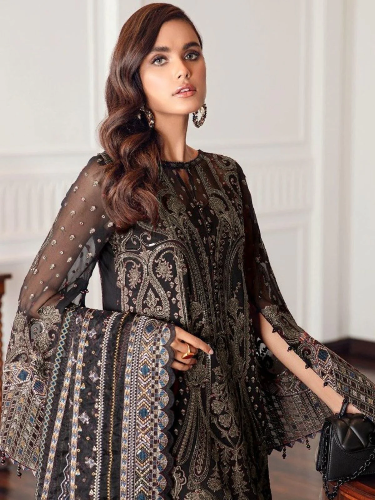 Odette Black Georgette Grey Embroidered Semi-Stitched Kurta Set For Women - Image 2