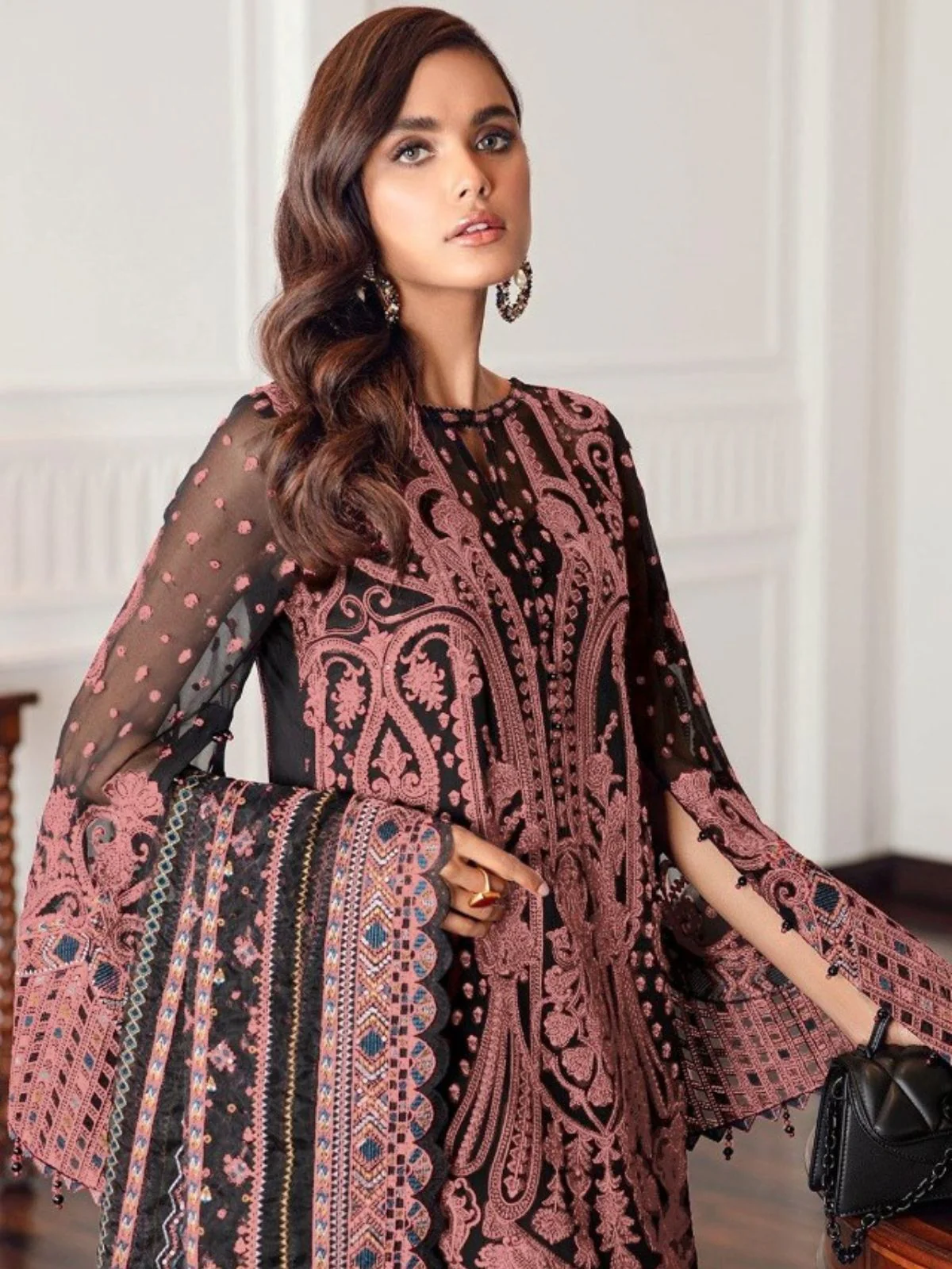 Odette Black Georgette Peach Embroidered Semi-Stitched Kurta Set For Women - Image 2