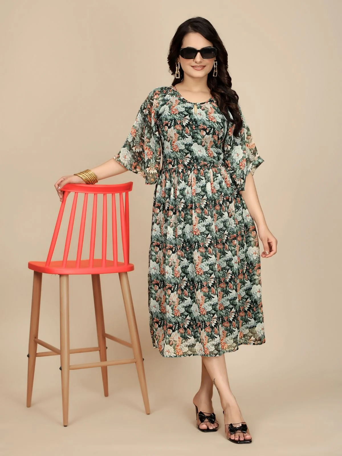 Odette Black Georgette Printed Dress For Women - Image 2