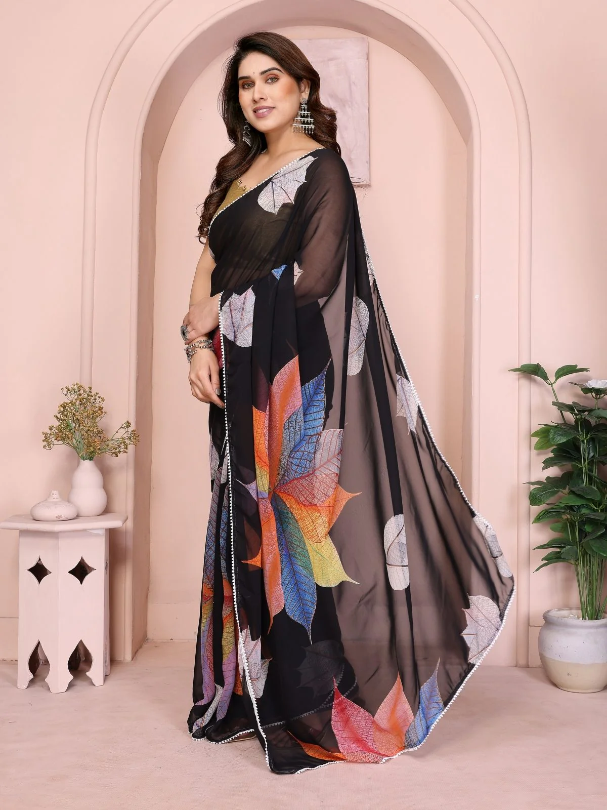 Odette Black Georgette Printed & Ruffle Saree For Women - Image 2