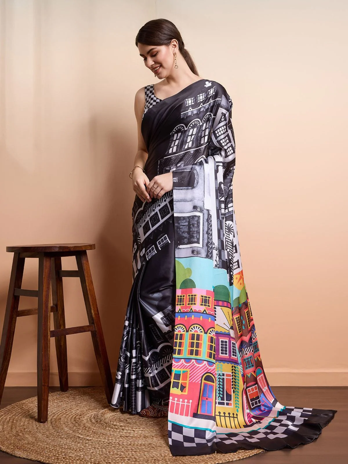 Odette Black Georgette Printed Saree For Women - Image 2